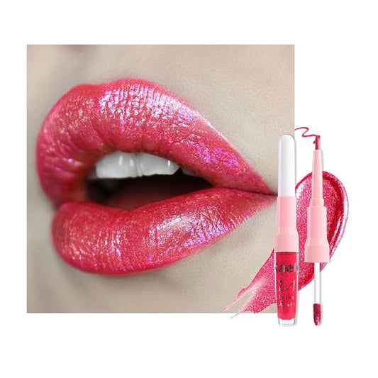 evpct Crushed Ruby Red Metallic Glitter Lip Liner and Lipstick Combo Lip Gloss Stain Set Makeup for Women Long Lasting Waterproof 24, Red Frosted Metallic Shimmer Glossy iridescent Liquid Lipstick 18-VivaGrace Women