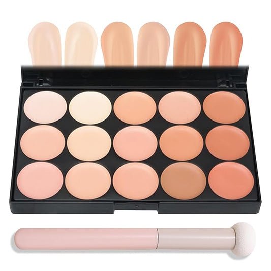 15 Colors Correcting Concealer Contour Palette,Cream Contour Makeup Palette with Brush,Contouring Liquid Foundation Concealer Palette Highlighting Makeup Kit for Conceals Dark Circles,Blemish-VivaGrace Women