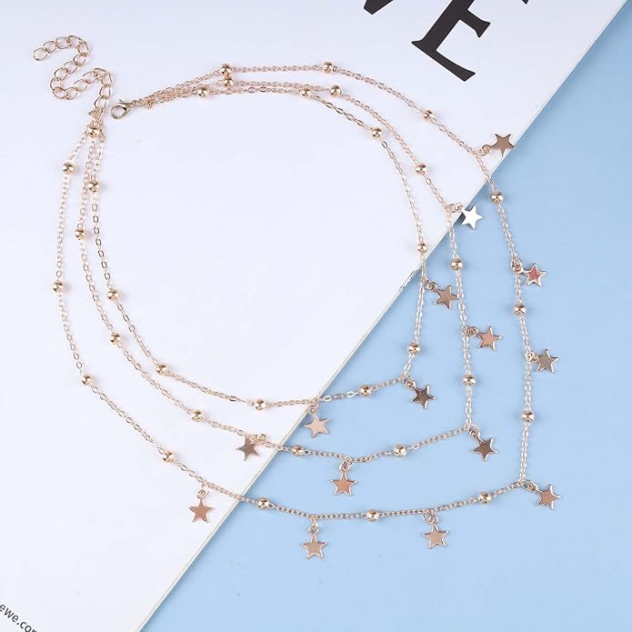 Vintage Layered Star Dangle Necklace Star Pendant Necklace Tiny Star Necklace Gold Bead Chain Necklace Jewelry for Women-VivaGrace Women