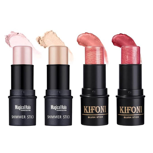 4 Pcs Cruelty-Free Waterproof Highlighter Makeup Sticks Shimmer Illuminator and Blush Stick Face Contour Cosmetics Set Easy To Use Blends Effortlessly-VivaGrace Women