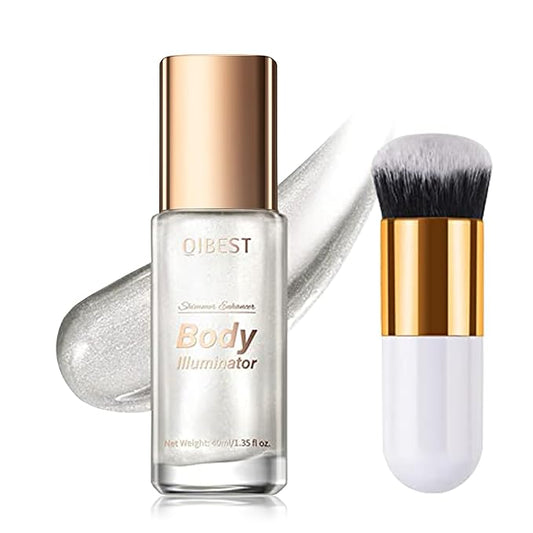 40ml Body Shimmer Oil,Liquid Body Illuminator, Waterproof Moisturizing And Glow For Face & Body, All-In-One Makeup Liquid Illuminator, Summer Body Luminizer,Makeup Brush Include(01#Silver)-VivaGrace Women