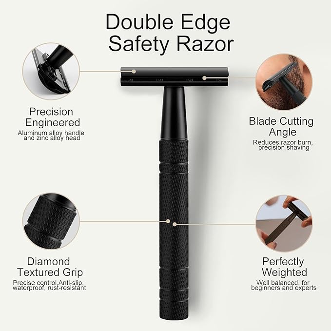 Matte Black Safety Razor, Single Blade Razors for Men, with 10 Stainless Steel Double Edge Blades, Reusable Metal 1 Blade Razor, Eco-Friendly, Smooth and Close Shave, Sustainable, Plastic Free-VivaGrace Women
