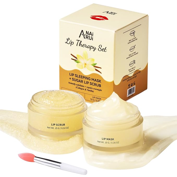 ANAI RUI Lip Mask and Scrub Set, Lip Sleeping Mask & Lip Exfoliator/Scrub for Exfoliating & Lip Overnight Treatment, Lip Care Gift Kits for Dry, Chapped & Dark Lips, Reduce Fine Lines, Vanilla-VivaGrace Women