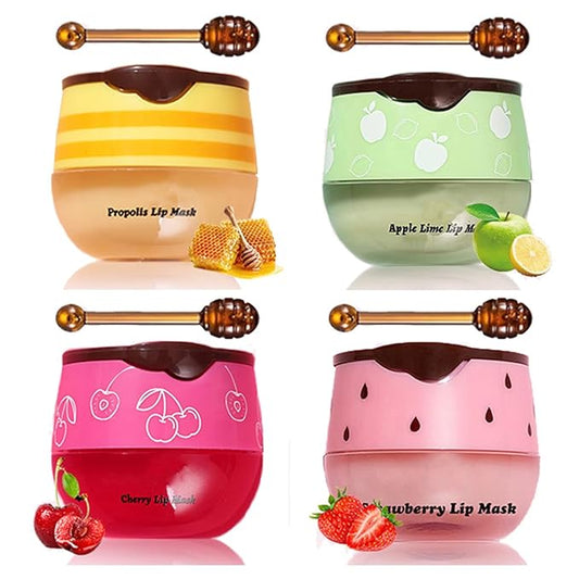 Honey Lip Balm Pot, Propolis Lip Mask, Strawberry Hydrating Propolis Lip Sleeping Mask, Prevent Dry&Cracked, Lip Repair Nourishes the Lip Skin (honey&straberry&cherry&apple)-VivaGrace Women