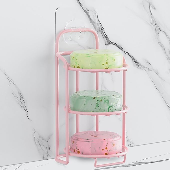 Pink 3-Tier Shower Soap Shampoo Bar Holder, Self Adhesive & Freestanding Draining Soap Dish Caddy for Bathroom Wall Accesories Decor-VivaGrace Women