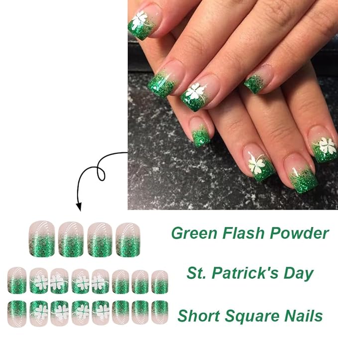 St. Patrick's Press on Nails Clover Short Square Fake Nails Green French Tip False Nails Green Glitter Acrylic Nails Nude Pink Stick on Nails St. Patrick's Glue on Nails for Women