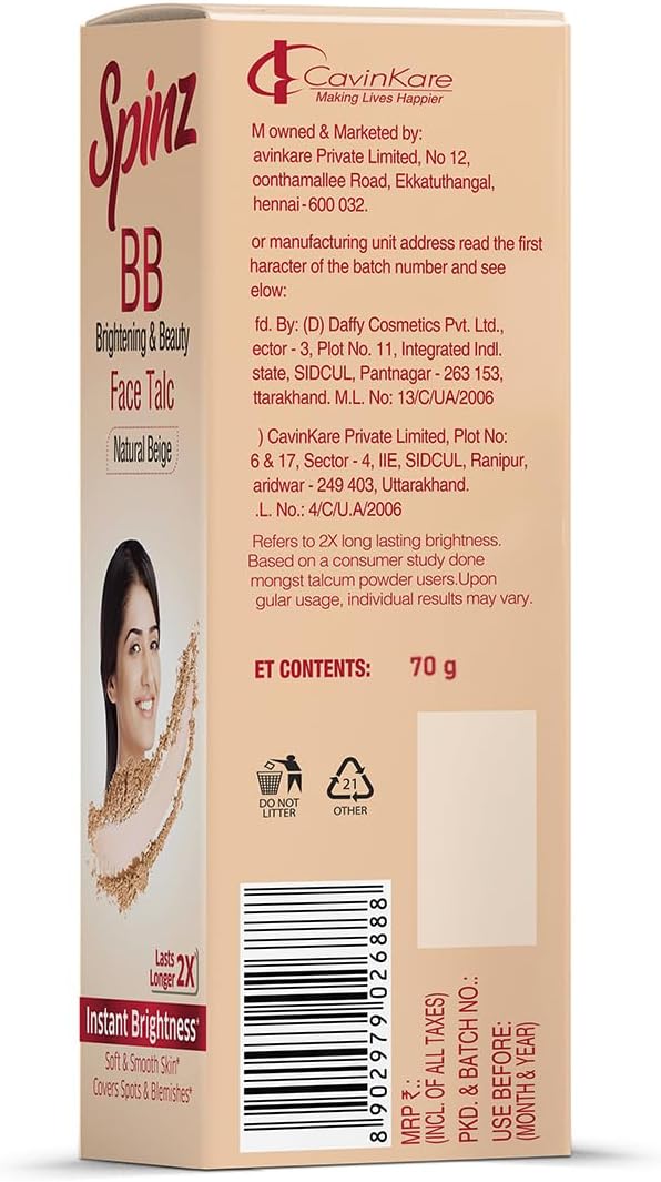 Spinz BB Talc, instant glow cover spots & blemishes 100g-VivaGrace Women