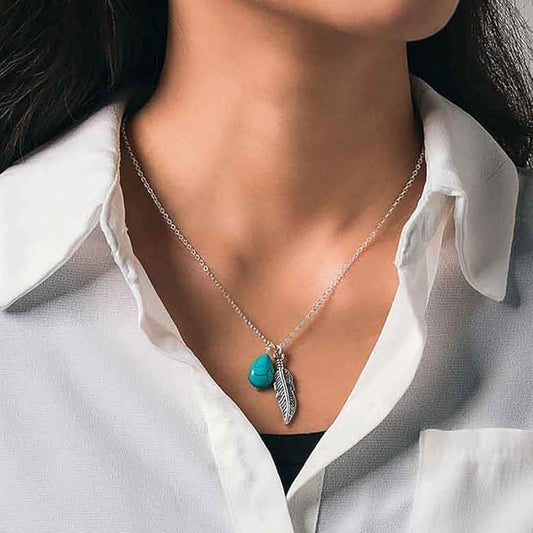 Boho Turquoise Necklaces Silver Feather Pendant Necklace Chain Short Delicate Dainty Necklaces Jewelry for Women-VivaGrace Women