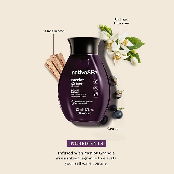 Nativa SPA by O Boticário Merlot Grape Biphase Body Oil, with Quinoa & Grapeseed Oils, Silky Glow with Hydration, 6.7 Ounce (200ml)-VivaGrace Women