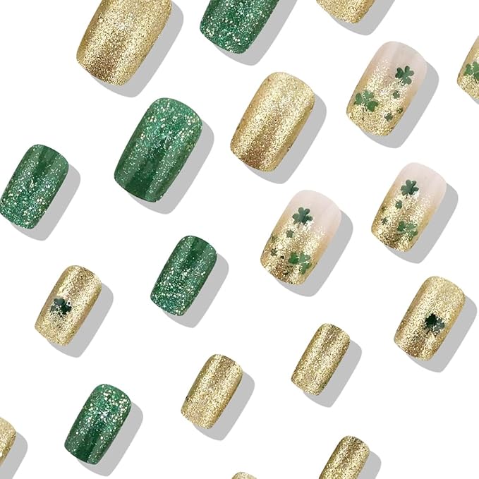 St. Patrick's Press on Nails Medium Square Fake Nails Gold Green Glitter False Nails Full Cover Clover Stick on Nails Green Glue on Nails Artificial Acrylic Nails for Women 24Pcs