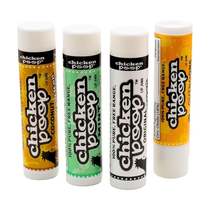 Chicken Poop Lip Balm Simone Chickenbone 100% Natural Moisturizer for Dry, Chapped Lips, Combo (Original, Mint, Outdoors with SPF 30, Coconut), 4 Pack-VivaGrace Women
