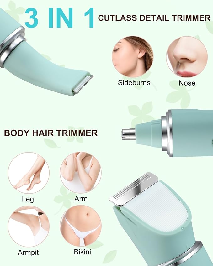 Bikini Trimmer for Women,2-in-1 Painless Electric Razors & Shaver Nose,IPX7 Waterproof,Body Hair Trimmer for Underarm/Pubic/Nose/Legs,USB-C Rechargeable Women's Grooming Kit (Mint Green)-VivaGrace Women