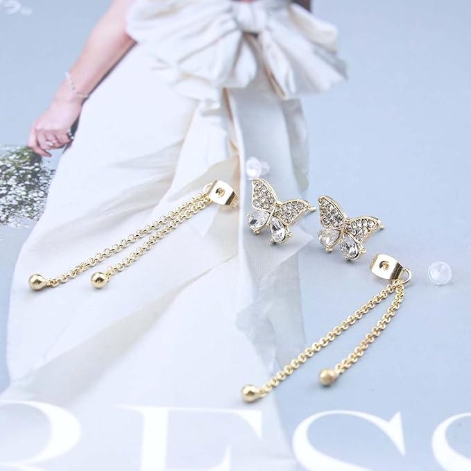 Vintage Crystal Butterfly Stud Earrings Gold Long Chain Earrings Thin Drop Chain Earrings Cz Paved Butterfly Earrings Retro Hanging Chain Earrings Jewelry for Women and Girls-VivaGrace Women