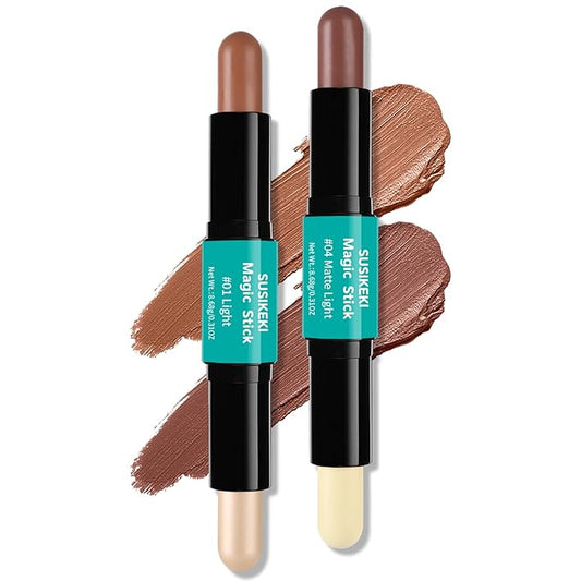 Contour Stick, 2Pcs Dual-Ended Highlighter Makeup Pen & Contouring Stick for Face Shaping, Long Lasting Waterproof Cream Bronzer & Highlight Sticks Make Up Kit for All Skin Tones (01# + 04#)-VivaGrace Women