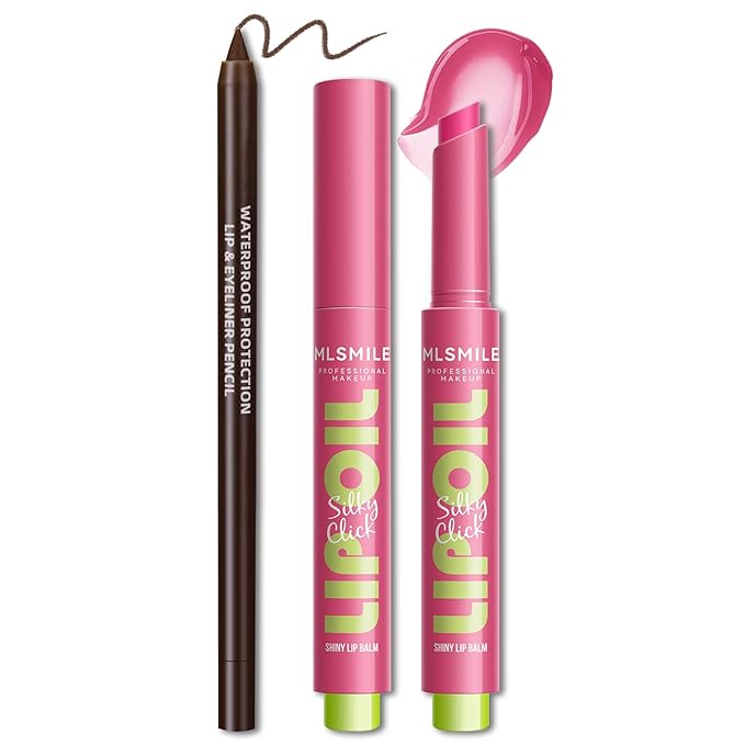 2 in 1 Solid Click Lip Gloss Pen With Brown Lip Liner Set Moisturizing Long Lasting Light Pink High Glossy Jelly Tinted Lip Balm Juicy Buildable Lip Plumper Makeup for Women-VivaGrace Women