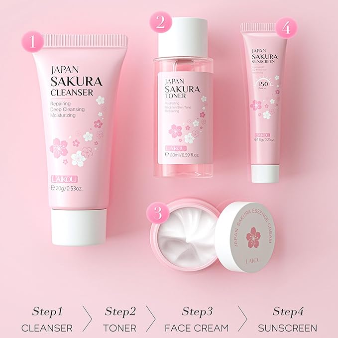 Sakura Travel Skincare Set for Teenage Girls - Face Routine Set for Women,4 Piece Gentle Skin Cleaning & Care Travel Size Kit With Cleanser, Toner, sunscreen and Face Cream-VivaGrace Women