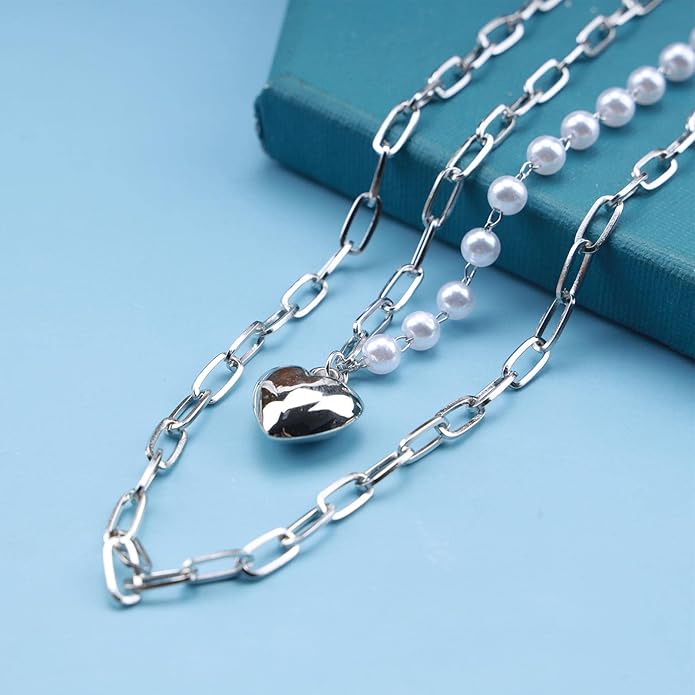 Boho Layered Pearl Choker Necklace Chain Vintage Gold Heart Pendant Cuban Chain Necklace Rock Statement Pearl Heart Necklace Asymmetrical Pearl Strand Necklace Jewelry for Women and Girls-VivaGrace Women