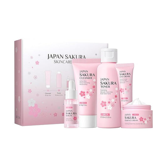 Skin Care Set JAPAN SAKURA Women Beauty Gift Sets Skin Care Kit with Cleanser, Toner, Serum, Eye Cream, Face Cream Travel Kit for Women Teen Girls Mom Daughter Birthday TSA-friendly Sizes 5pcs-VivaGrace Women