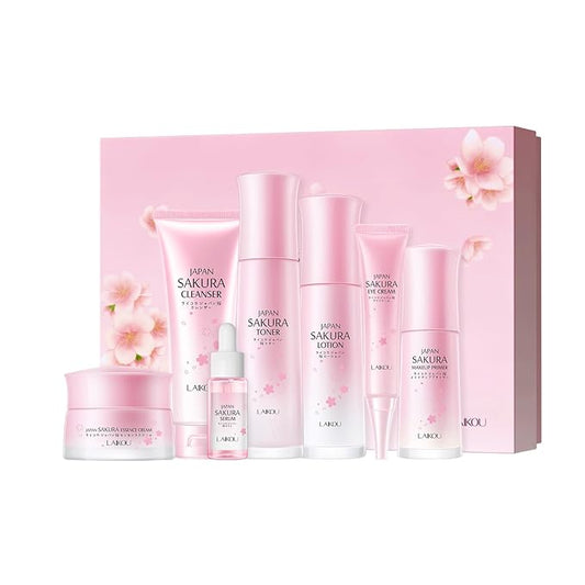 Skin Care Set JAPAN SAKURA Beauty Gift Sets Skin Care Kit with Cleanser, Toner, Lotion, Serum, Eye Cream, Face Cream, Make up Primer Travel Kit for Women Wife Mom 7pcs-VivaGrace Women