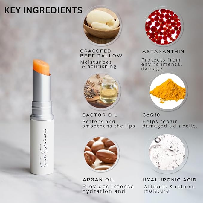 Tallow Lip Balm - Anti-Aging with 100%-grassfed Beef Tallow, CoQ10, Astaxanthin, Hyaluronic acid - Ultra Moisturizing, Conditioning, All natural, Organic, Made in USA (Untinted)-VivaGrace Women