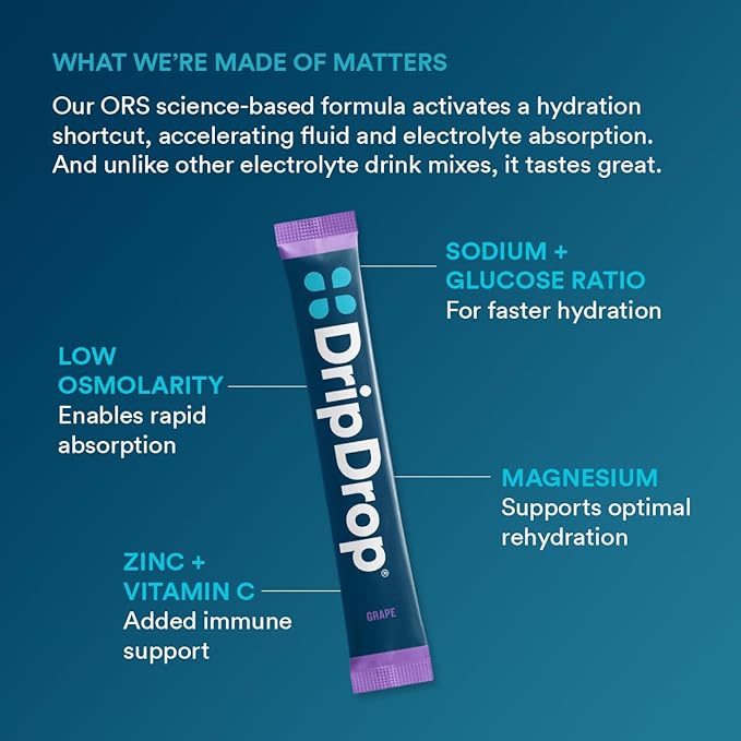 DripDrop Hydration Packets - Grape - Single Serve Electrolytes Powder Drink Mix - Non-GMO, Gluten Free, Vegan - 32 Sticks-VivaGrace Women