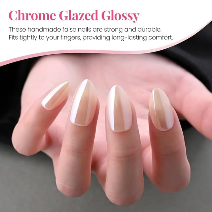 Aurora Chrome Nude Press On Nails Short Almond 30 Pcs, Designer Reusable Acrylic Fake Nails with Glue, Glossy Soft Gel Nails Wedding and Party, Stick On Glue On Nails, Nails fro Women Gift