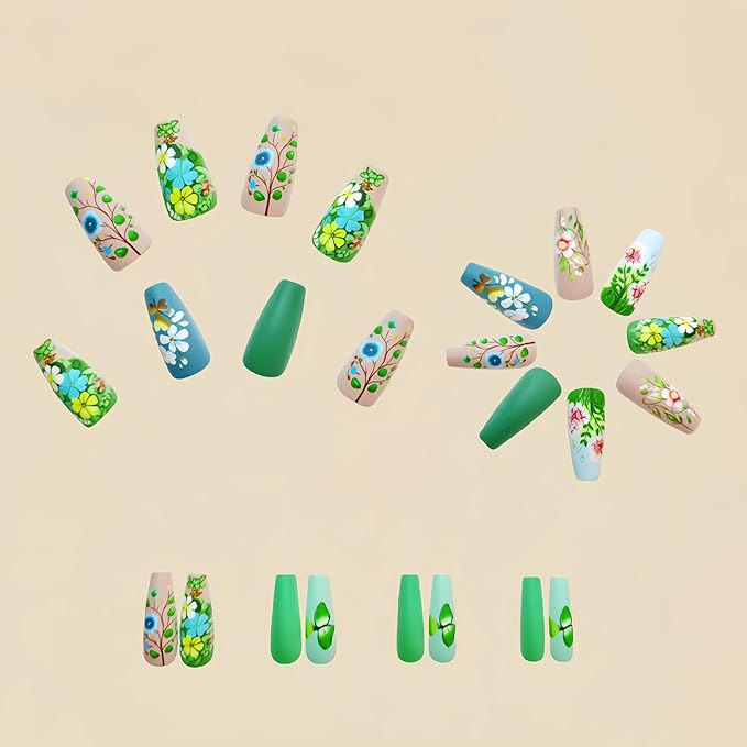 Flower Press on Nails Medium Coffin Fake Nails Spring Floral False Nails Green Glue on Nails Artificial Acrylic Nails Green Coffin Reusable Flower Nails for Women Girls