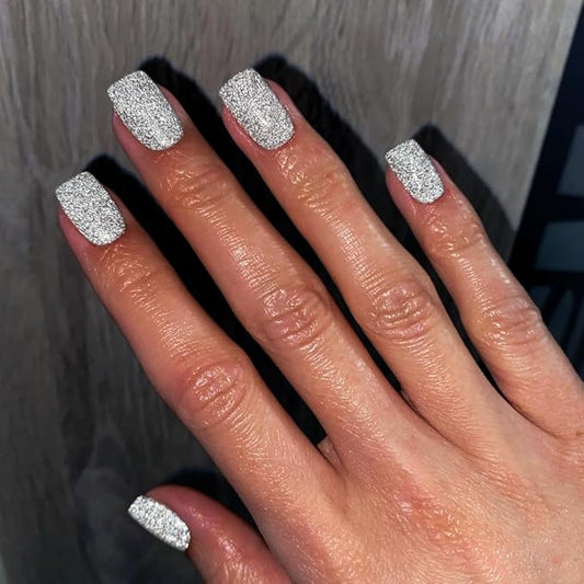 KQueenest Sliver White Glitter Press on Nails Short Square, Shimmer Fake Nails Glue on Acrylic Nails Short Sparkly Bling Gel Nails Press ons Petite Cute Stick on Nails for Women Prom Holiday in 24 Pcs