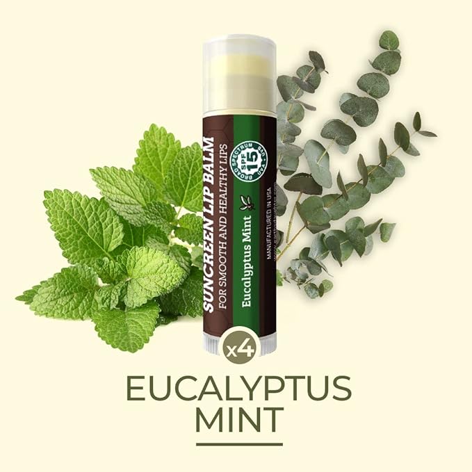 SPF Lip Balm 4-Pack by Earth's Daughter - Lip Sunscreen, SPF 15, Organic Ingredients, Eucalyptus Mint Flavor, Beeswax, Coconut Oil, Vitamin E - Hypoallergenic, Paraben Free, Gluten Free-VivaGrace Women
