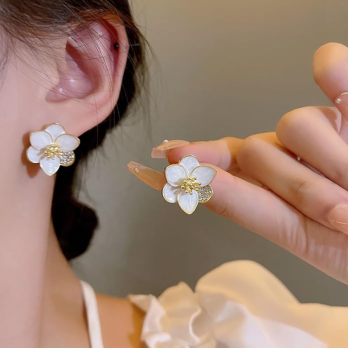 Vintage Enamel Flower Stud Earrings Camellia Flower Earrings Gold Crystal Flower Petal Earrings White Petal Stud Earrings Jewelry for Women-VivaGrace Women