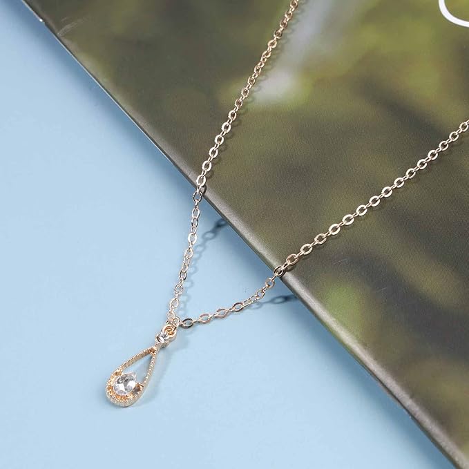 Vintage Tiny Teardrop Crystal Necklace Choker Gold Rhinestone Dot Pendant Necklace Chain Water Drop Choker Necklace Minimalism Necklace Chain Jewelry for Women and Girls-VivaGrace Women