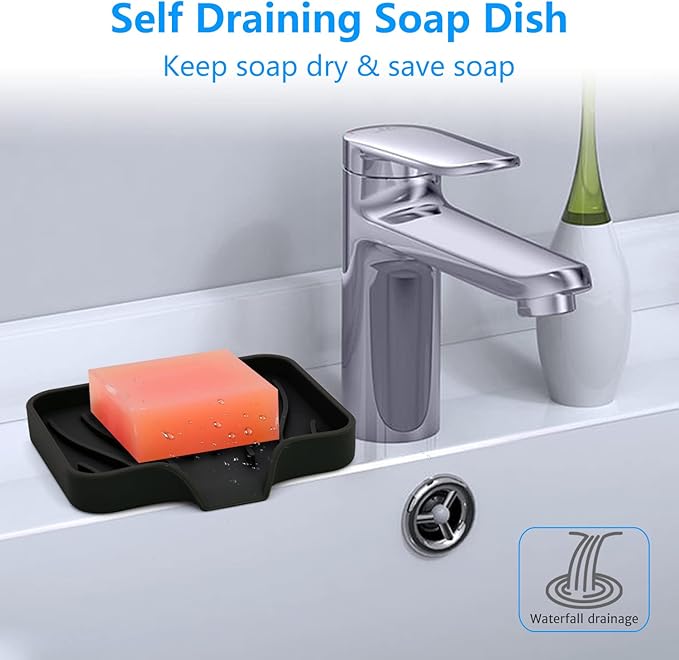 3-Pack Silicone Soap Dish, Sponge Holder for Sink, Kitchen Soap Tray, Bathroom Soap Holder, Sponge Tray with Drain (Black)-VivaGrace Women