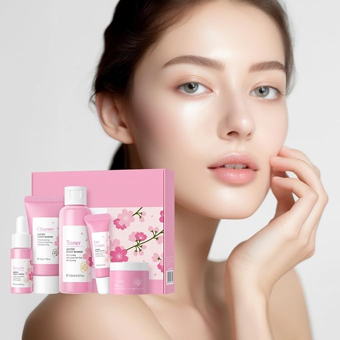 Greyghost Skin Care Set for Teenage Girls Women, 5 Pcs Cherry Blossom Skincare Set - Cleanser, Toner, Serum, Eye cream, Cream, Gentle Skin Cleaning & Care Gift Set, Travel Size Skin Care Set-VivaGrace Women