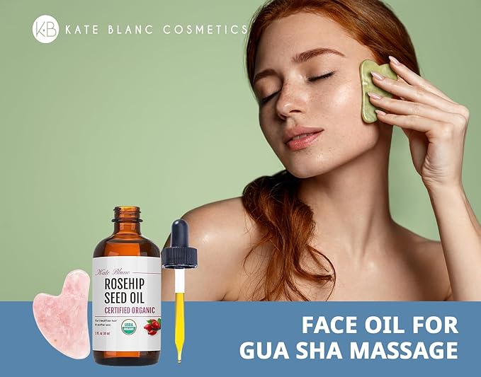 Kate Blanc Cosmetics Rosehip Oil for Face with Pink Gua Sha Stone (1oz, Organic, Pure, Cold Pressed) Rosehip Seed Face Oil for Gua Sha Massage-VivaGrace Women