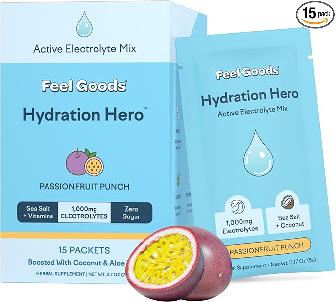 Feel Goods Hydration Hero, 1,000mg Electrolytes Powder, Sugar Free, Magnesium, Organic Aloe Vera, L Theanine, Vitamin C & B12, Keto, Vegan, Electrolyte Packets, Passion Fruit Punch, 15 Count-VivaGrace Women