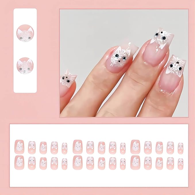Medium Press on Nails Square Fake Nails Pink Cat Eye Nail Press ons Acrylic False Nails with Cute Cat Designs Glitter Artificial Nails Glossy Glue on Nails Natural Stick on Nails for Women