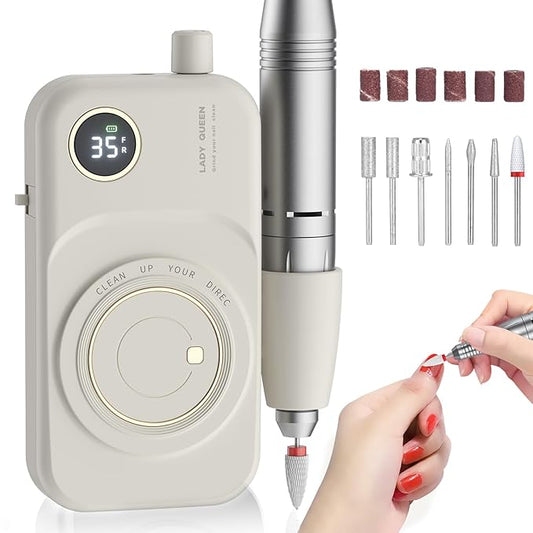 Portable Nail Drill Electric File: 35000RPM Professional Rechargeable Nail E File Machine,for Acrylic Nails Gel Polishing Removing, Cordless Efile with Bits Kit for Manicure Salon Home (White)-VivaGrace Women
