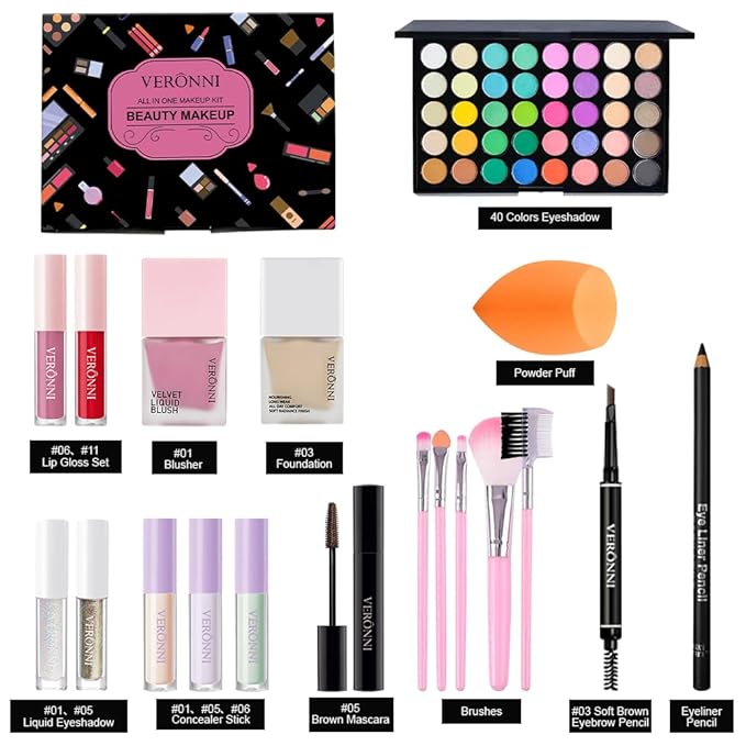 Makeup Kit for Women Full Kit, All in one makeup kit with Eyeshadow Eyeliner Eyebrow Lip Gloss Face Makeup & Brushes Full Starter Cosmetics Set For Girls & Teens (Set A)-VivaGrace Women