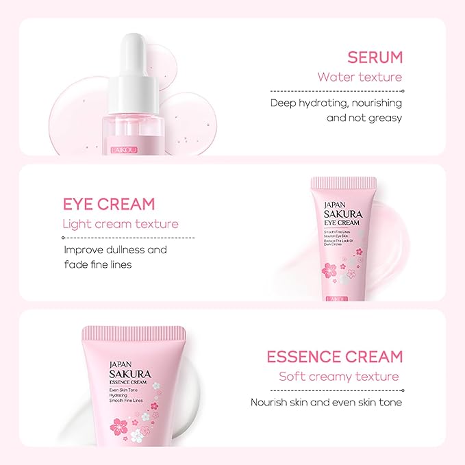 Skin Care Set JAPAN SAKURA Women Beauty Gift Sets Skin Care Kit with Serum, Eye Cream, Face Cream Travel Kit for Women Wife Mom Teen Girls TSA-friendly Sizes Birthday Gift 3pcs-VivaGrace Women