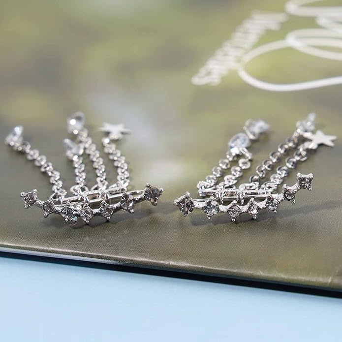 Boho Star Ear Jacket Earrings Gold Cz Star Ear Climber Earrings Crystal Chain Tassel Earrings Crystal Ear Crawler Long Chain Earrings Jewelry for Women and Girls Gifts-VivaGrace Women
