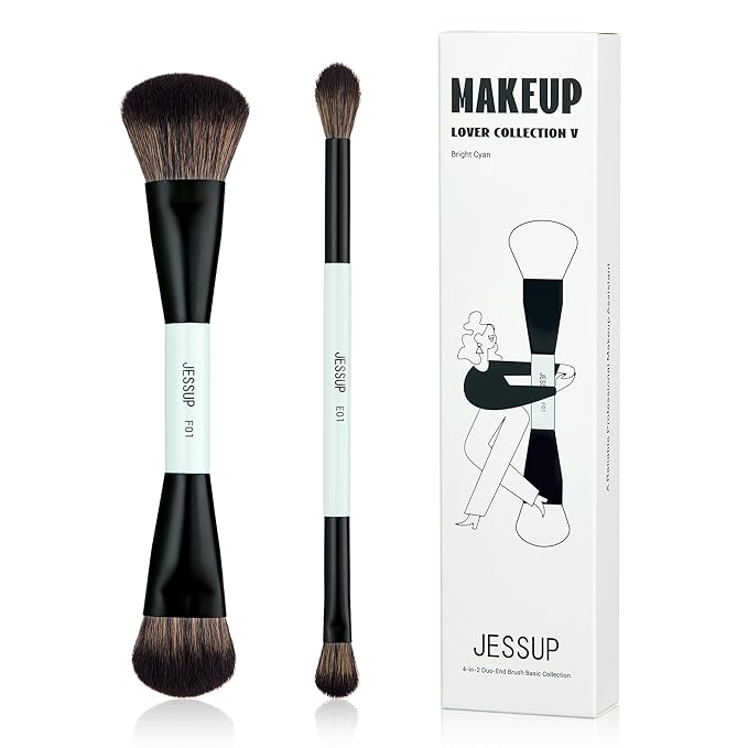 Jessup Makeup Brushes 2pcs Double Sided Foundation Brush Contour Brush Dual Ended Eye Blending Brush, Multi-functional Cosmetic Brush Bright Cyan T502-VivaGrace Women