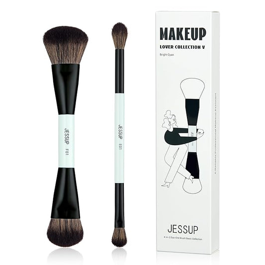 Jessup Makeup Brushes 2pcs Double Sided Foundation Brush Contour Brush Dual Ended Eye Blending Brush, Multi-functional Cosmetic Brush Bright Cyan T502-VivaGrace Women