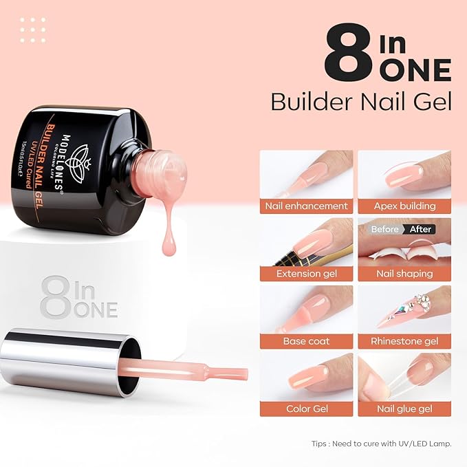 modelones Builder Nail Gel, 8-in-One Sheer Nude Pink Builder, Apricot Blush Pink Rubber Base for Nail Thickening Apex Building LED Lamp Cured Hard Strengthener Extend Color Gel Polish for DIY Salon-VivaGrace Women
