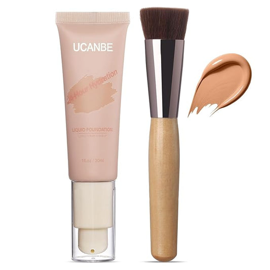 UCANBE Matte Liquid Foundation with Brush, Skincare Serum Foundation Face Makeup with Hyaluronic Acid, Medium to Full Coverage Waterproof Oil Control Longwear, for Mature Skin, Nude Beige, 1 fl. oz.-VivaGrace Women