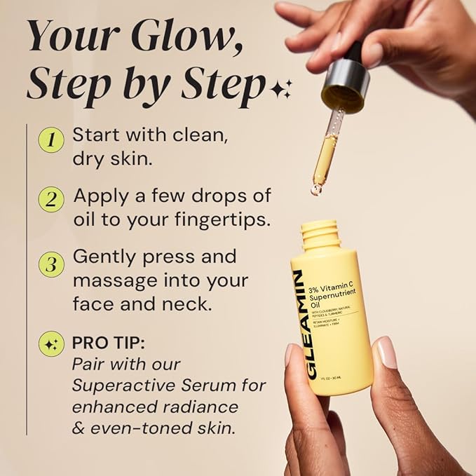 Gleamin Brightening Face Oil with Vitamin C & E, Turmeric, Jojoba & Cloudberry | Hydrating Facial Oil for Radiant Glow, Dark Spots, Fine Lines & Uneven Tone | Skin Brightening for Women & Men, 1 Fl Oz-VivaGrace Women