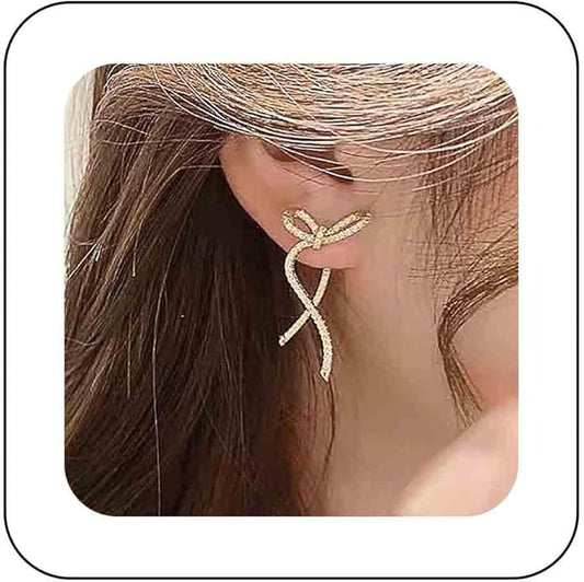 Vintage Crystal Bow Earrings Rhinestone Bow Drop Earrings Long Cz Rhinestone Earrings Gold Bow Cz Stud Earrings Jewelry for Women-VivaGrace Women