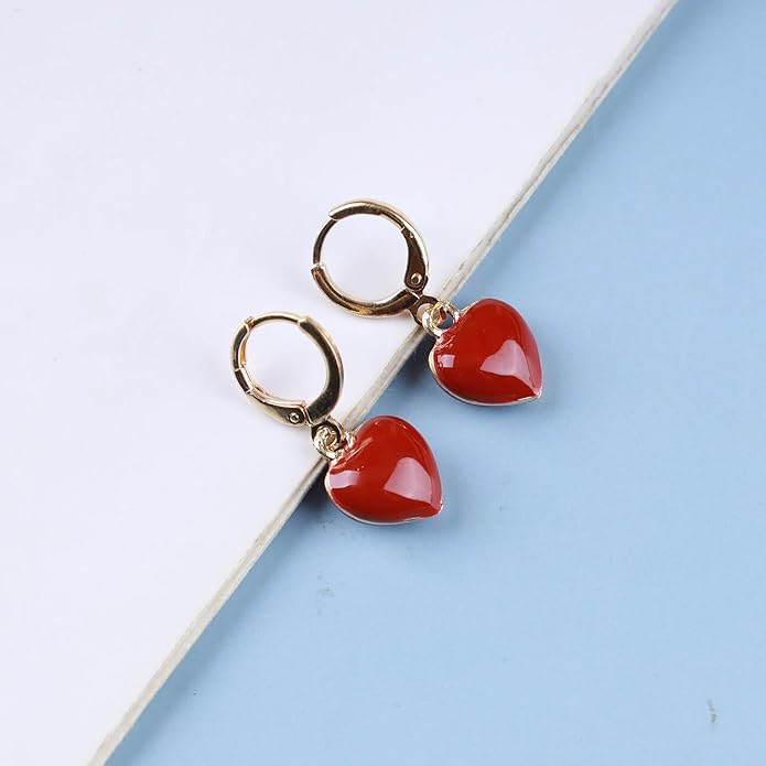 Vintage Heart Dangle earrings Red Coral Earrings Red Heart Love Huggie Earrings Gold Hoop Huggie Earrings Jewelry for Women-VivaGrace Women