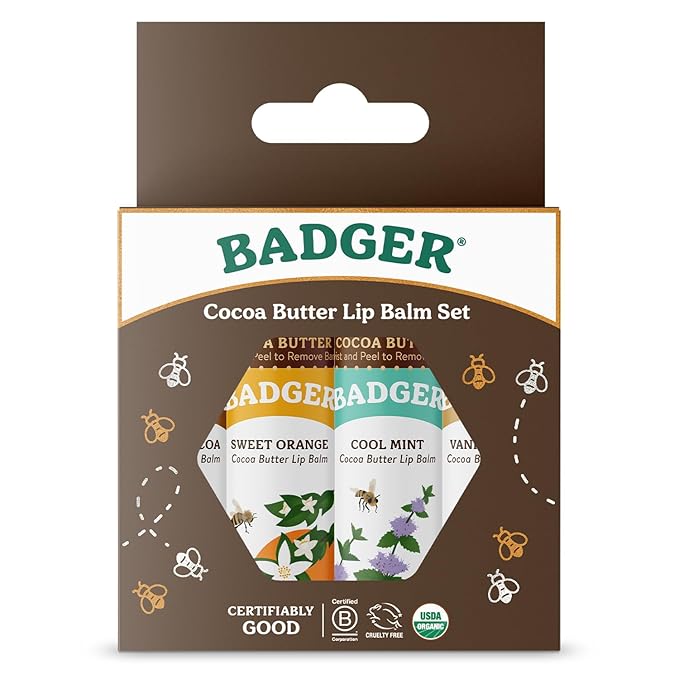 Badger - Cocoa Butter Lip Balm Set, Fair Trade, Certified Organic Lip Butter, Flavored, Cocoa, Vanilla, Orange, Mint, 0.25 oz (4 Pack)-VivaGrace Women