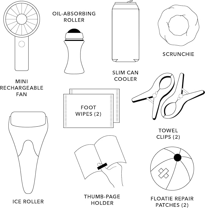 Pinch Provisions Super Summer Jelly Tote, 12 Beach & Poolside Accessories For Beauty, Perfect for Pool & Beach Days, Includes Oil Absorbing Roller, Rechargable Fan, Towel Clips, & Ice Roller-VivaGrace Women