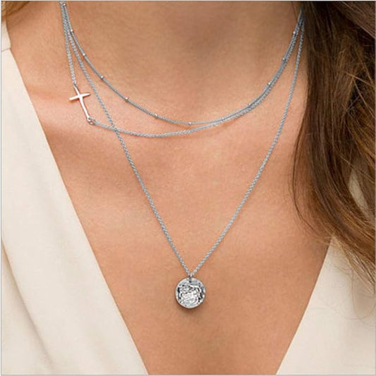 Boho Layering Disc Pendant Necklace Silver Jesus Choker Necklaces Beaded Chain Jewelry Adjustable for Women and Girls-VivaGrace Women